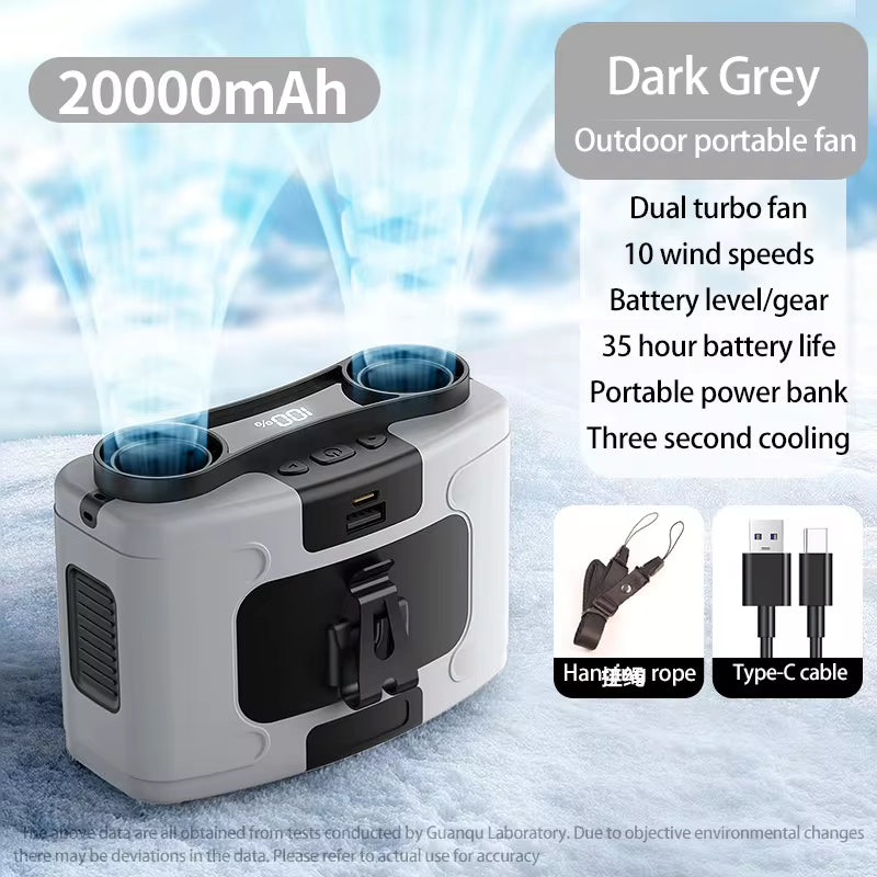 Ultra-Strong 20000mAh Portable Waist Fan & Power Bank with LED Light - Perfect for Outdoor Sports and Work!