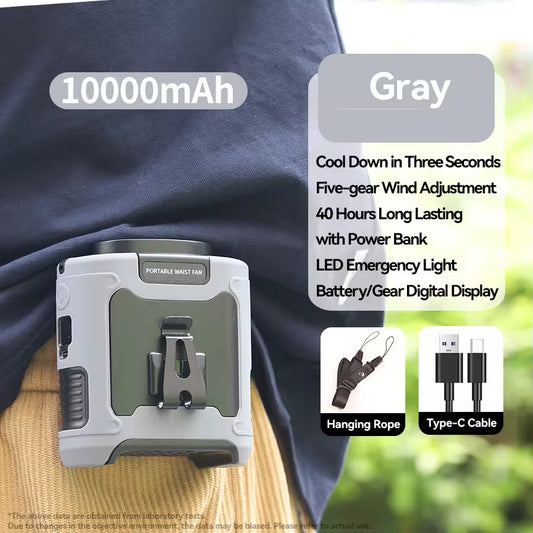 Ultra-Strong 20000mAh Portable Waist Fan & Power Bank with LED Light - Perfect for Outdoor Sports and Work!