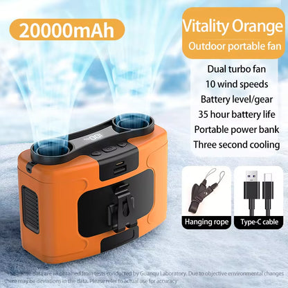 Ultra-Strong 20000mAh Portable Waist Fan & Power Bank with LED Light - Perfect for Outdoor Sports and Work!