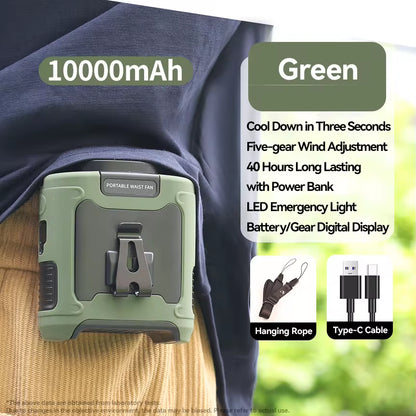 Ultra-Strong 20000mAh Portable Waist Fan & Power Bank with LED Light - Perfect for Outdoor Sports and Work!