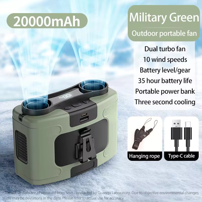 Ultra-Strong 20000mAh Portable Waist Fan & Power Bank with LED Light - Perfect for Outdoor Sports and Work!